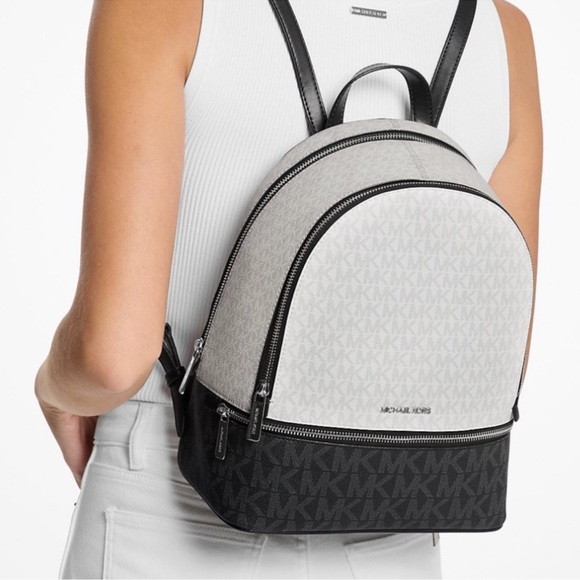 Michael Kors Rhea Medium Color-Block Signature Logo Backpack Optic White Multi - Picture 2 of 8